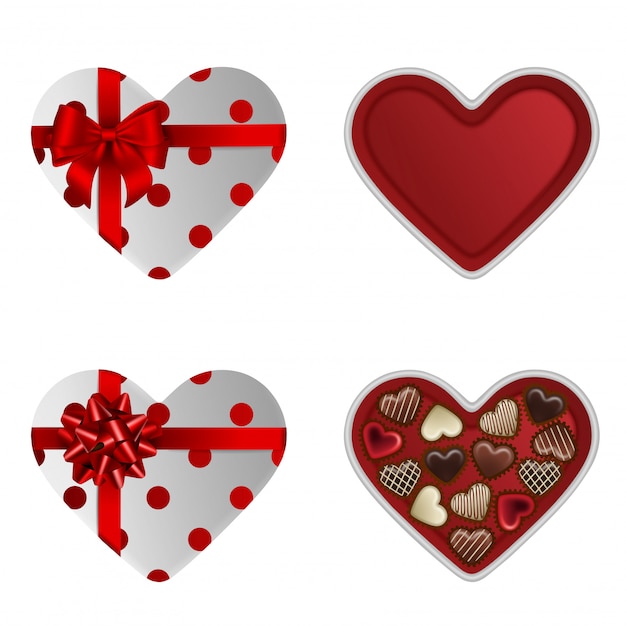 Set of white heart shaped boxes of chocolates