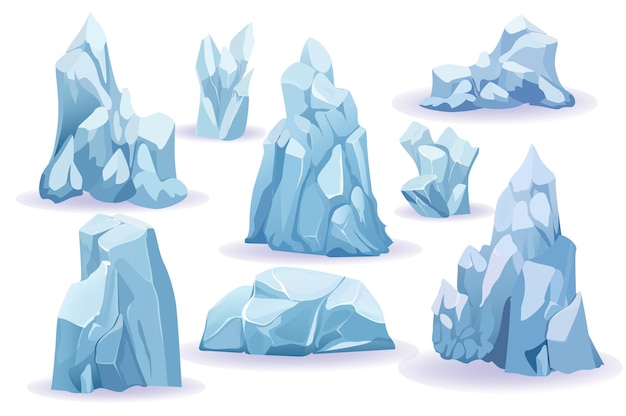 Набор белого льда в зимних кристаллах замороженной воды причудливая мультяшная иллюстрация сверкающего белого льда
