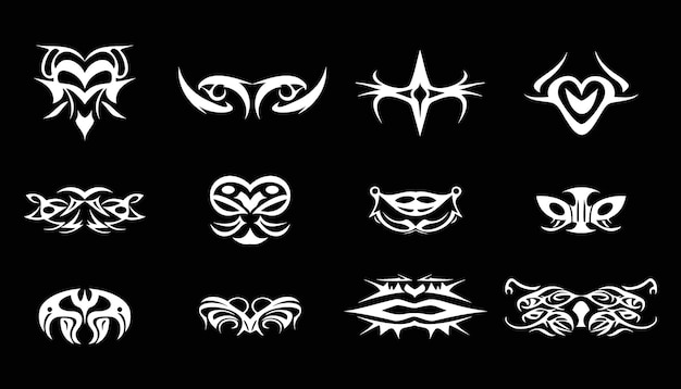 Set of White illustration of black gothic tribal symbol tattoo designs concept black background