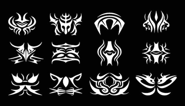 Set of White illustration of black gothic tribal symbol tattoo designs concept black background