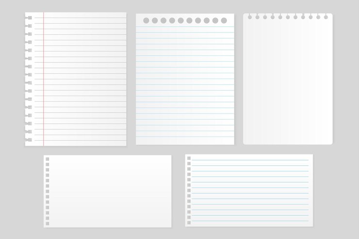 Vector set of white note paper and notebook sheet on gray background