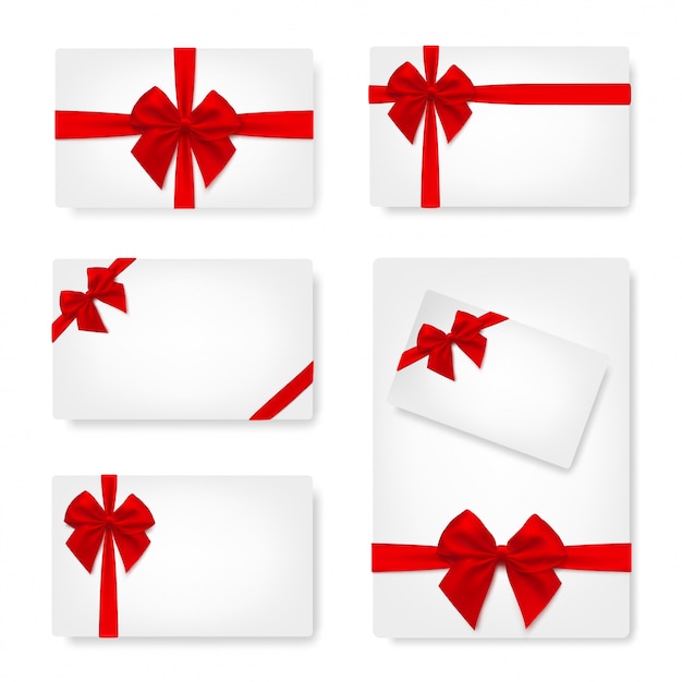 Set of White paper card with gift Red satin Bow