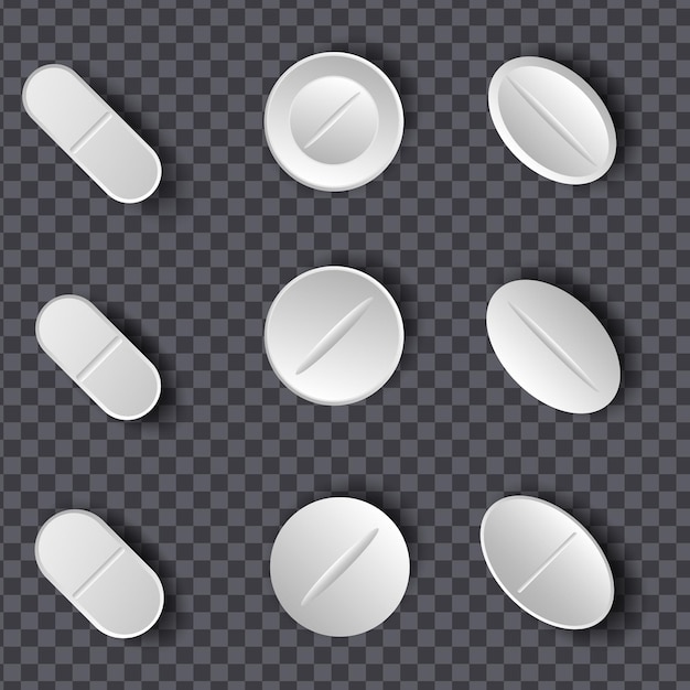 set of white pills and tablets on transparent background