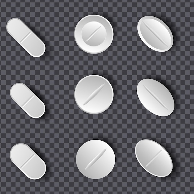 Set of white pills and tablets on transparent background