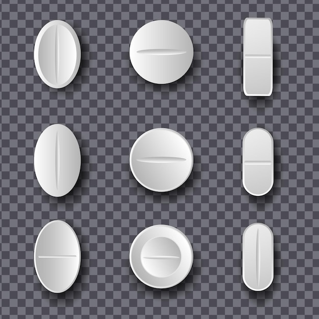 Set of white pills and tablets on transparent background