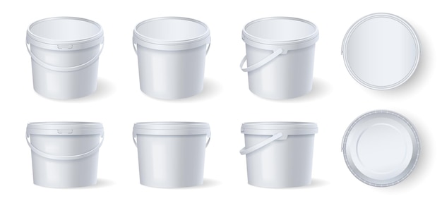 Vector set of white plastic buckets with handle and lid different side views template mockup for branding