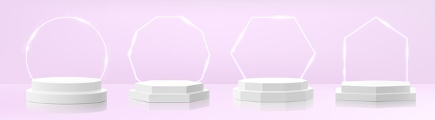 Set di podi bianchi di diverse forme podi con gradini con poliedro al neon incandescente su sfondo viola piedistalli dello showroom pavimento palco piattaforma vettore isolato mockup vettore 3d realistico