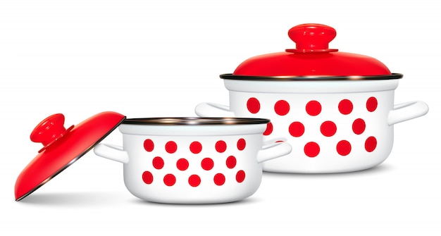 Set di vasi bianchi con un motivo di piselli rossi. cucinando. utensili da cucina