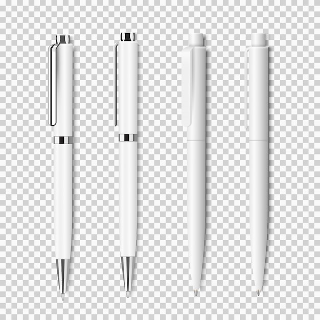 透明な背景に白の現実的なペンのセット