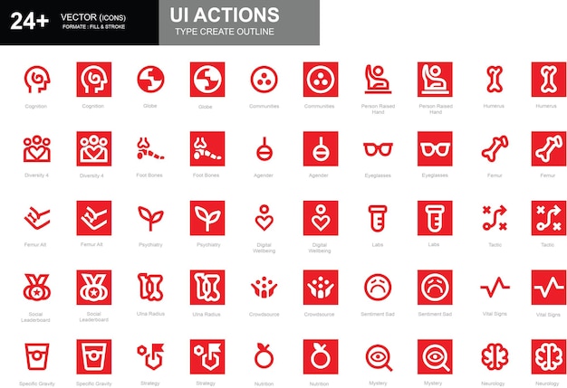 Set of white and red outline style Social UI action icons including globe femur labs and more