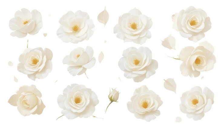 Vector 芽と花びらを持つ白いバラのセット 花のデザイン要素