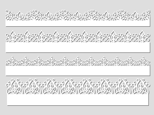 Набор белых бесшовных кружевных бордюров с тенями, декоративными бумажными линиями