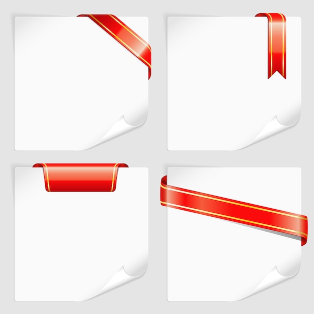 Vector set white sheets paper with ribbons