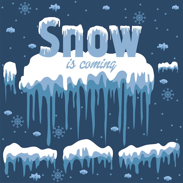 Vector set of white snow is coming design element on blue background