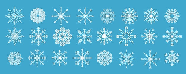 Set white snowflake crystal elegant line christmas decoration on blue background