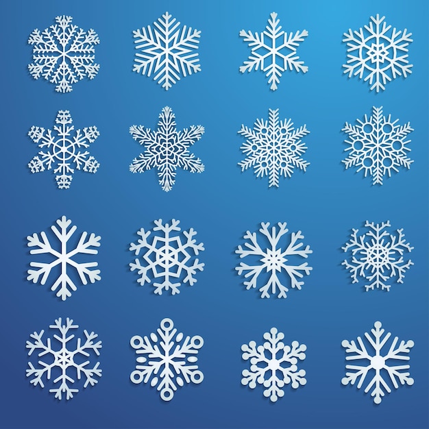 Set of white snowflakes on blue background