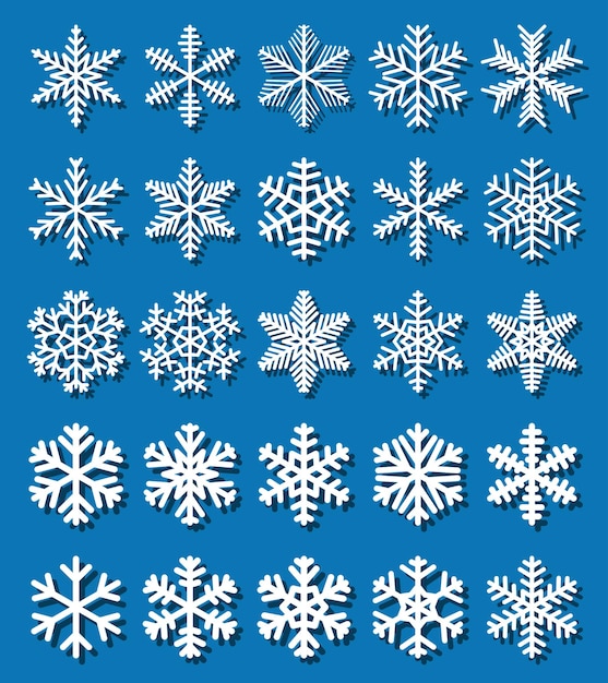 Set of white snowflakes with shadows on blue.