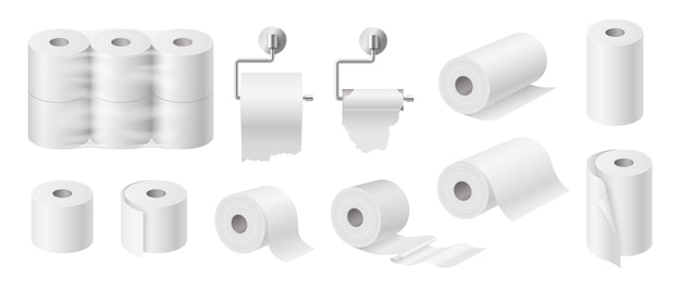 Vettore set di carta igienica bianca e asciugamani da cucina mockup di tubi isolati su sfondo bianco. design del pacchetto di tovaglioli di carta. 3d illustrazione vettoriale realistico