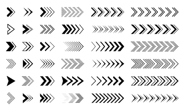 Set of white vector arrows on a black background