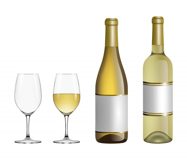 Set of white wine glasses and bottles