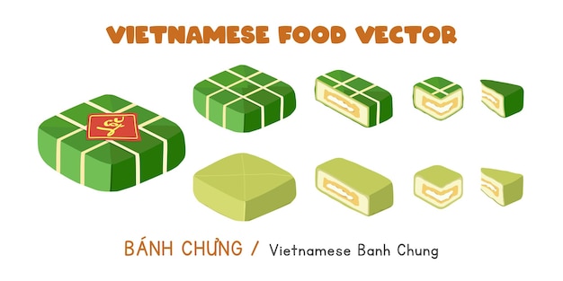 Set of whole, half, a quarter, cut slices of Vietnamese Banh Chung vector design clipart. Asian food