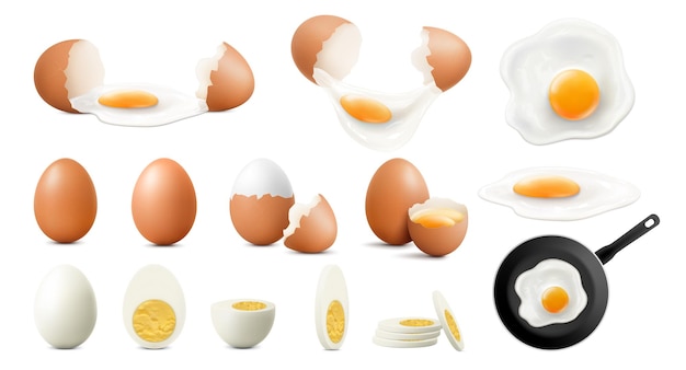 Set of whole half sliced and broken eggs raw fried and boiled eggs isolated on white background crack eggs with yolks eggshell and proteins fried eggs on frying pan realistic 3d vector