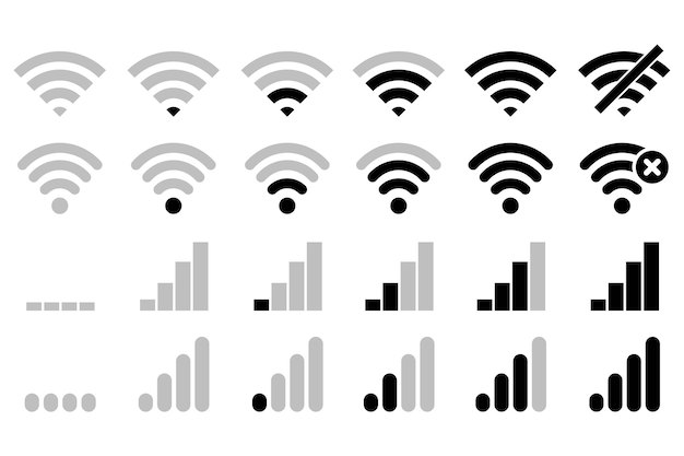 Wi-Fi 및 무선 연결 인터넷 낮은 신호에서 높은 신호 네트워크 통신 아이콘의 집합