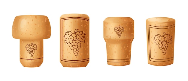 Set wijnkorkstop houten gestructureerde cartoon stijl Corkwood stekker met druiven bunch Vector illustratie op witte achtergrond
