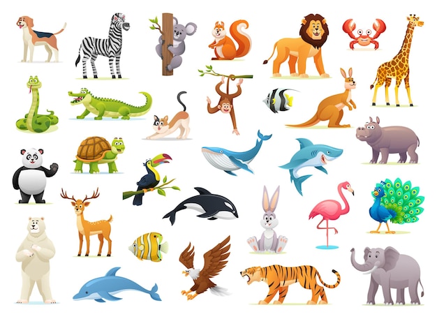 Set of wild animal cartoon illustrations on white background