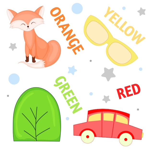 Set of wild animals and insects for children orange, yellow , green, red