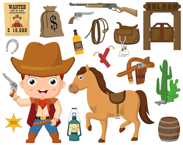 Vector set of wild west elements on a white background