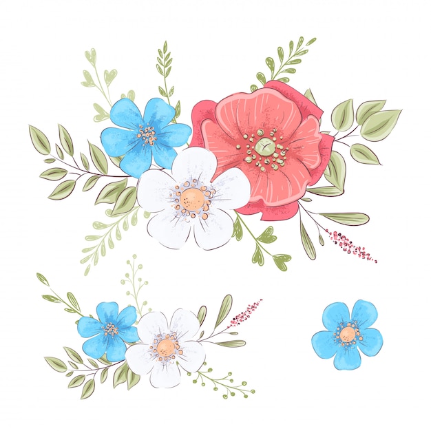 Set di fiori e farfalle. illustrazione di disegno a mano