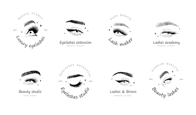 Set wimpers extensie logo Realistische vrouwelijke ogen vectorillustratie in trendy kaderstijl