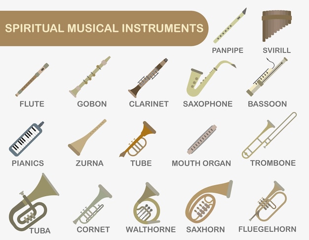 A set of wind musical instruments Colored wind musical instruments with the title