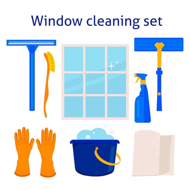 Set di strumenti per la pulizia dei vetri spazzola per tergipavimento prodotti chimici domestici per la pulizia della casa simboli isolati in stile cartone animato su sfondo bianco