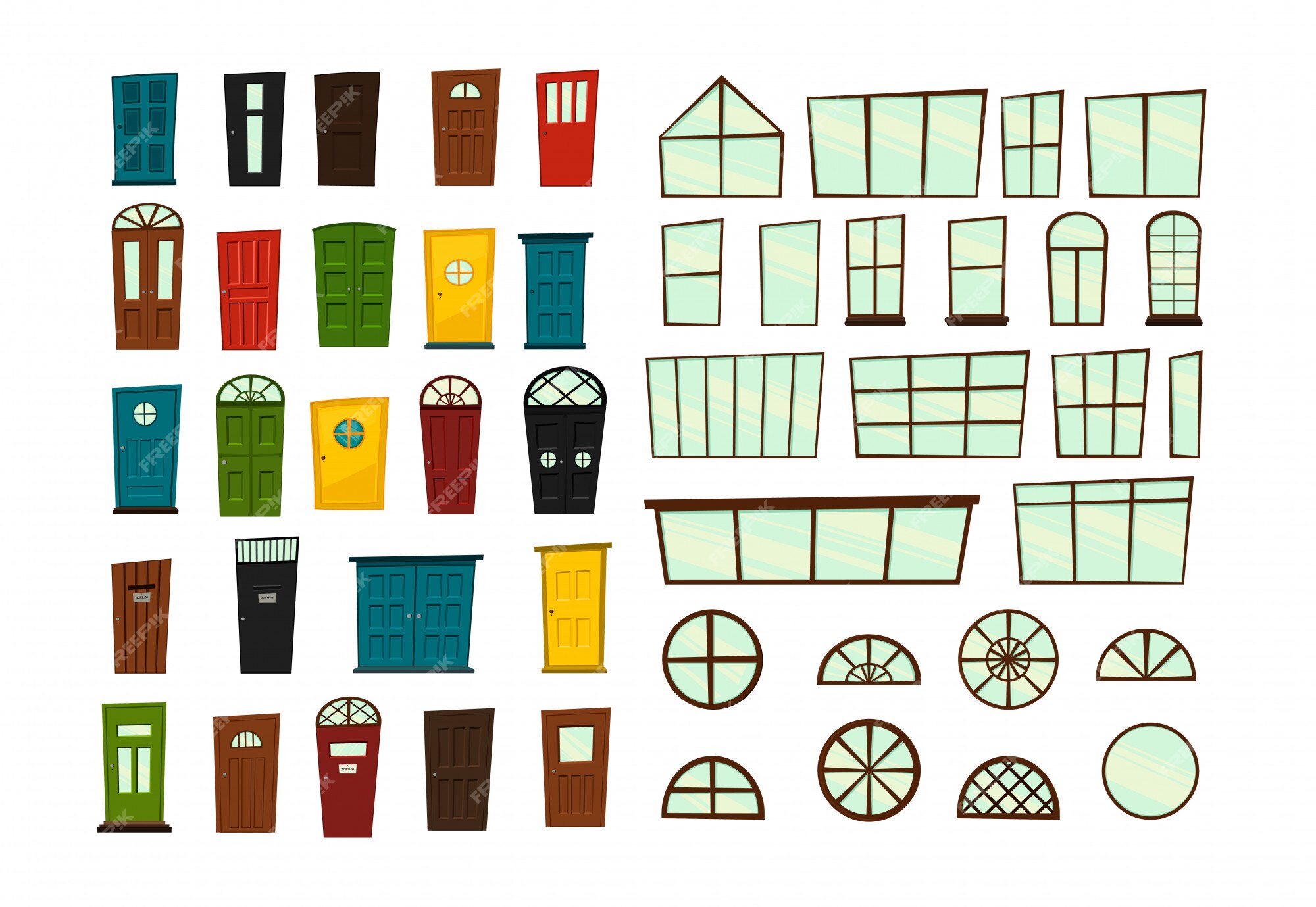 Premium Vector | Set of windows and doors for construction. cartoon style. illustration. Premium Vector | Set of windows and doors for construction. cartoon style. illustration.