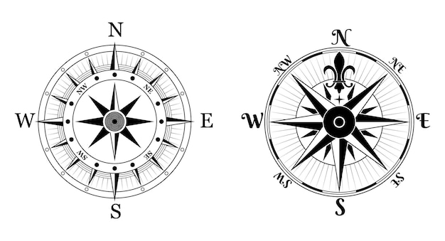 set windroos kompas marine geïsoleerde of nautische navigatie zeil symbolen of geografische richting