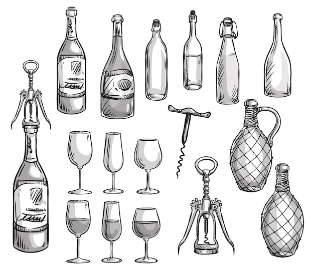 Set di bottiglie di vino, bicchieri e disegno vettoriale di cavatappi