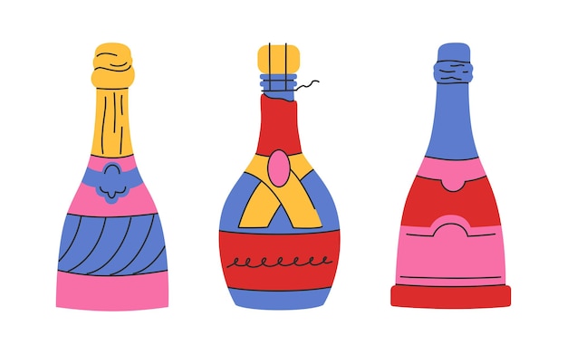 Set di bottiglie di vino e champagne in stile piatto per il giorno di san valentino con illustrazioni vettoriali colorate buone per gli adesivi