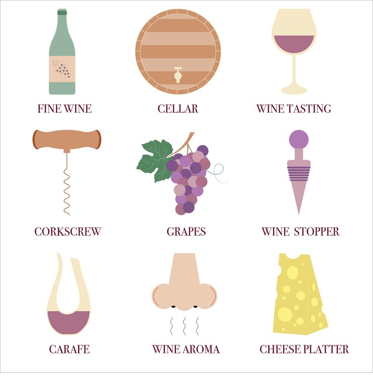 Vector set of wine elements including wine bottle cellar barrel glass corkscrew grape vine carafe,  cheese