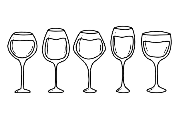 Vector set of wine glasses doodle style hand drawn collection of glasses with wine