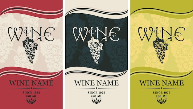 Set of wine labels with grapes and inscriptions