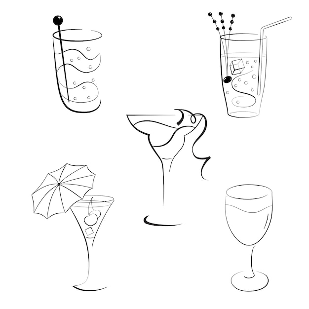 Vettore set di bicchieri da vino con cocktail e vini