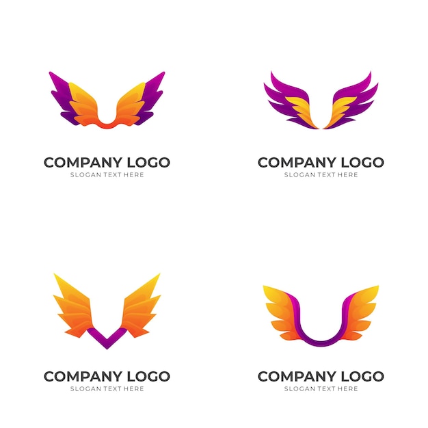 Impostare l'illustrazione del design del logo dell'ala, stile colorato 3d