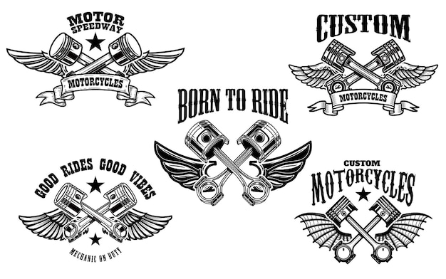 Vector set of winged motorcycle and car pistons