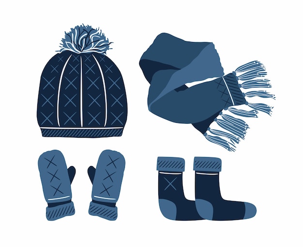 Set of winter accessories knitted hat scarf mittens socks blue Stock vector flat illustration