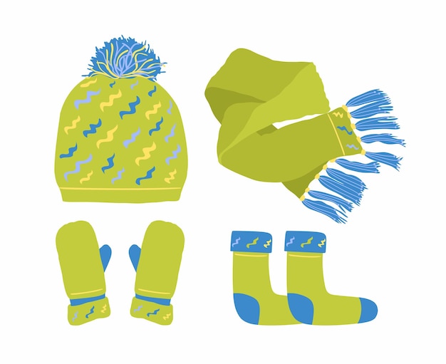 Набор зимних аксессуаров вязаная шапка шарф варежки носки светло-зеленые векторная плоская иллюстрация