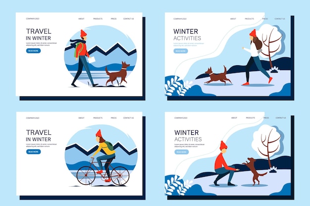 Set of winter activity web banners The concept of an active and healthy lifestyle