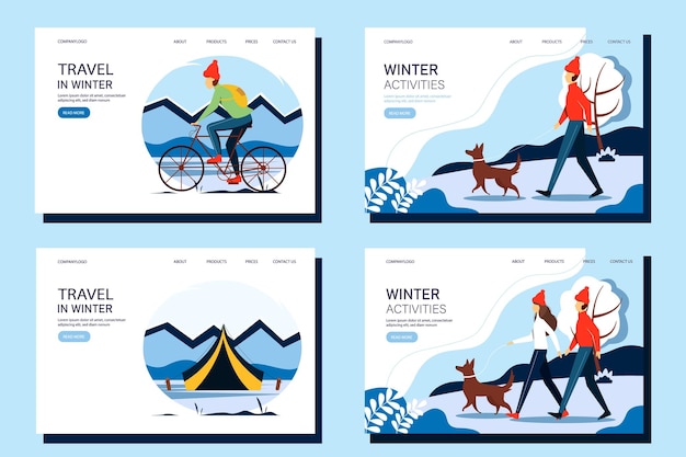 Set of winter activity web banners The concept of an active and healthy lifestyle