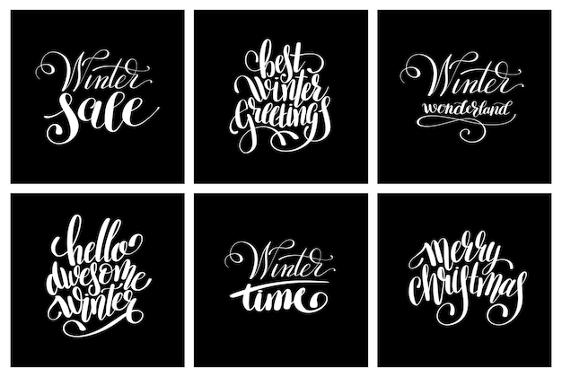 Set of winter black and white handwritten lettering inscription holiday christmas phrase